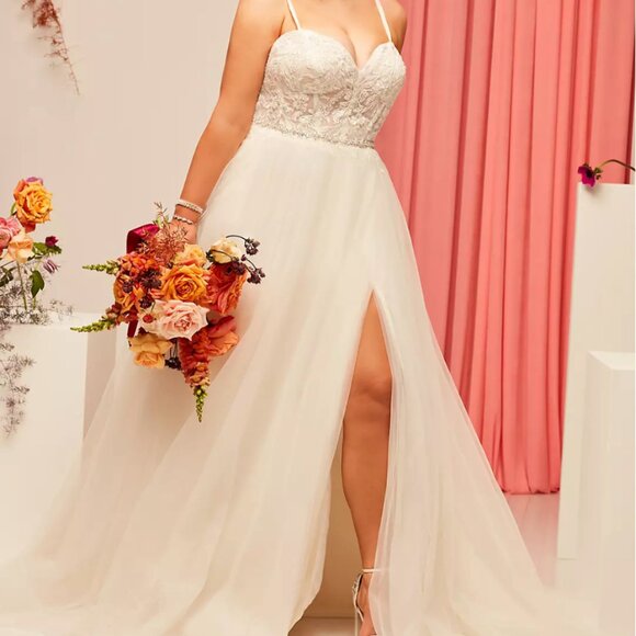 David’s Bridal DB Studio Wedding Dress Ivory 18W Plus Size Corset Tulle Slit - Picture 1 of 8